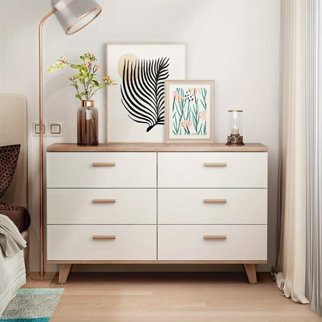 minimalist white dresser White 6-Drawer Dresser – Modern Storage Chest with Beech Handles